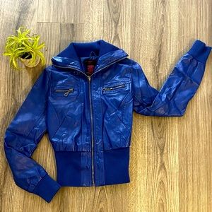 Super cute synthetic leather Blue jacket perfect for fall.
